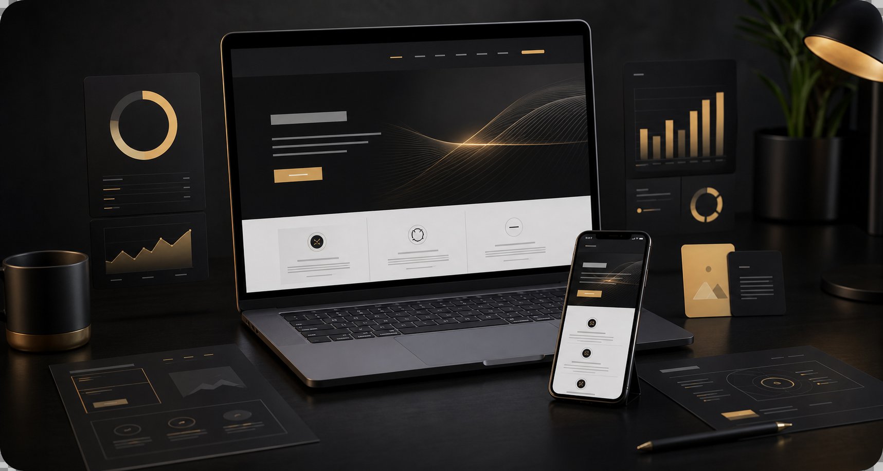 Premium digital studio workspace with website mockups